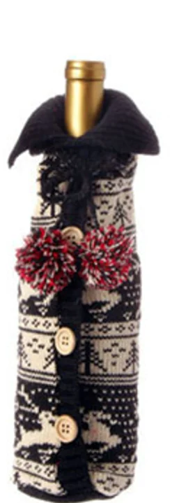 Raz 11" Alpine Chic Black And Cream Reindeer And Tree Nordic Design Knit Christmas Wine Bottle Cover
