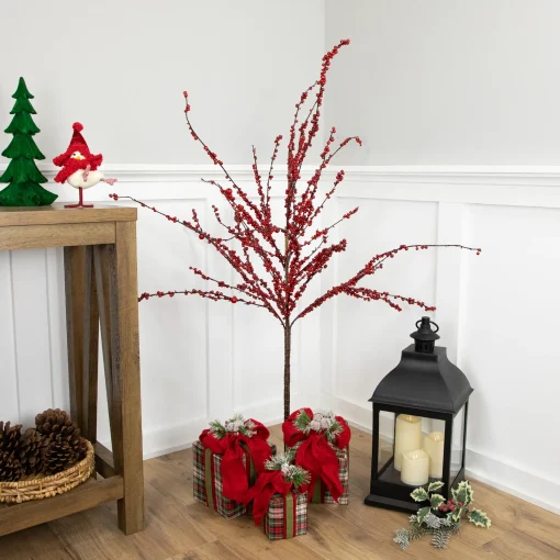 Northlight Twig Trees>50" Artificial Red Berry Christmas Twig Tree With Square Stand, Unlit