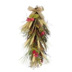 Unlit Teardrops*Northlight 24" Autumn Harvest Wheat And Eucalyptus With Feathers Teardrop Swag - Unlit