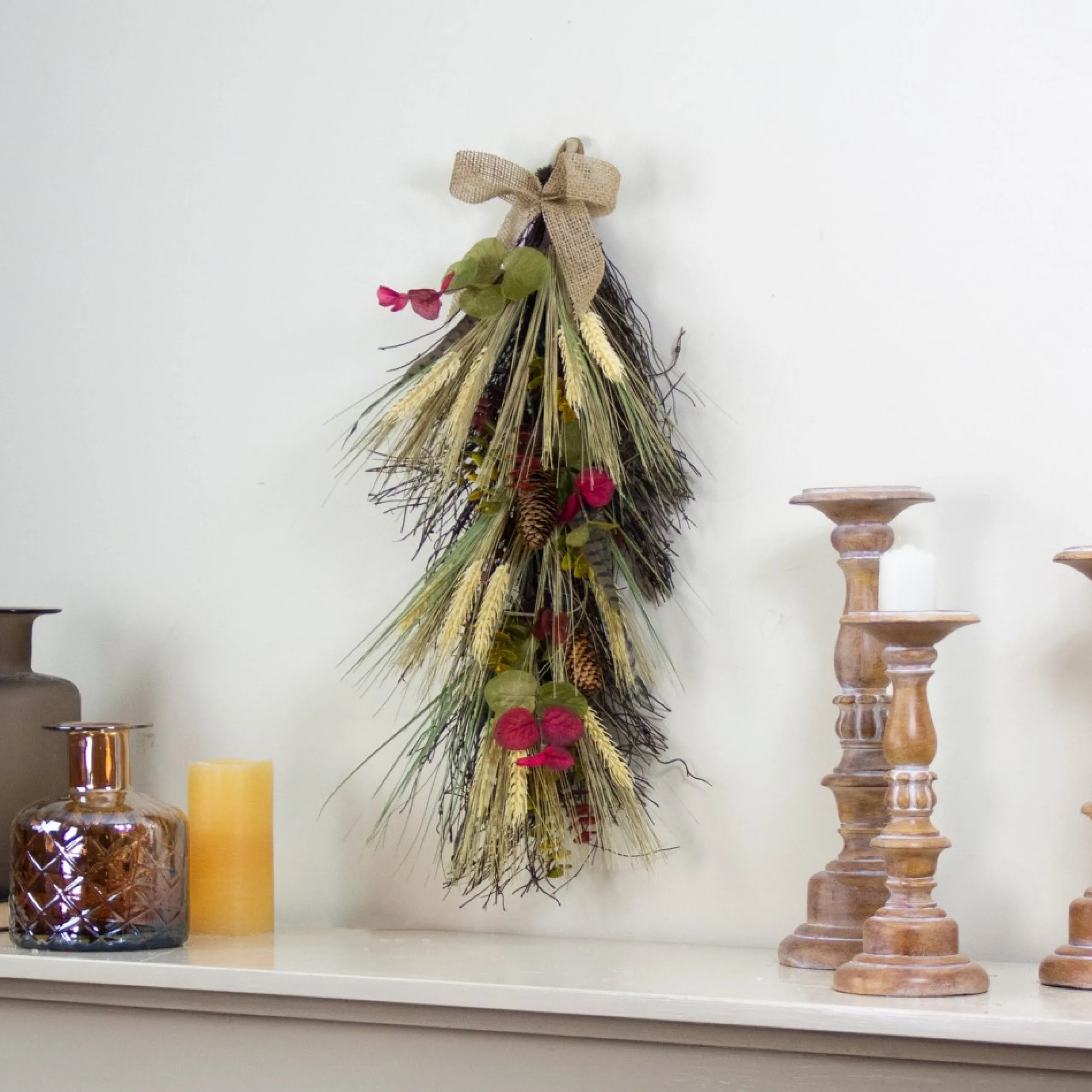 Unlit Teardrops*Northlight 24" Autumn Harvest Wheat And Eucalyptus With Feathers Teardrop Swag - Unlit