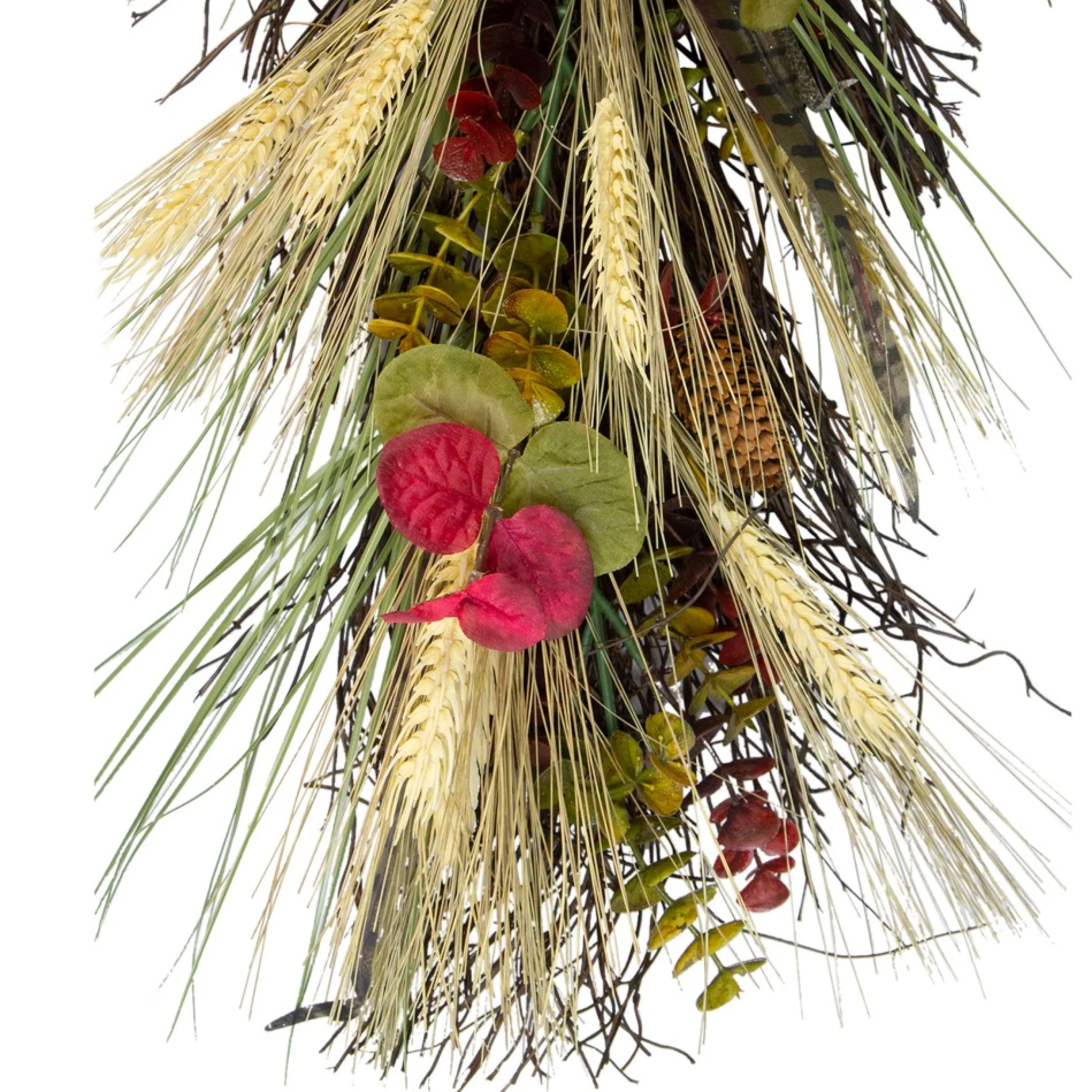 Unlit Teardrops*Northlight 24" Autumn Harvest Wheat And Eucalyptus With Feathers Teardrop Swag - Unlit