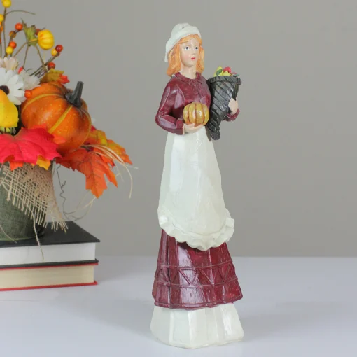 Northlight 13" Autumn Harvest Wood Carved Thanksgiving Pilgrim Woman Decorative Figure