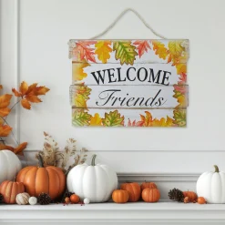 Northlight 16" Autumn Leaves Welcome Friends Wooden Hanging Wall Sign