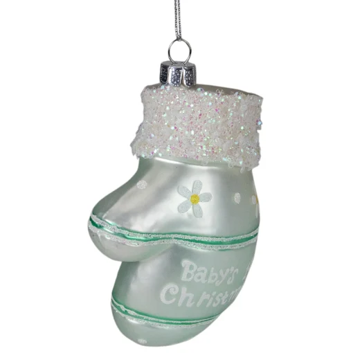 Northlight Family & Friends>4" Baby's 1St Christmas Mint Green Glass Mitten Holiday Ornament