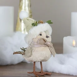 Table Top Pieces*Northlight 8" Beige And White Plush Bird In Santa Hat Christmas Figure