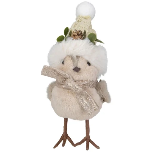 Table Top Pieces*Northlight 8" Beige And White Plush Bird In Santa Hat Christmas Figure