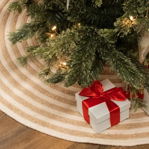 48 Inch And Smaller*Colonial Mills 44" Beige Shag Striped Round Christmas Tree Skirt