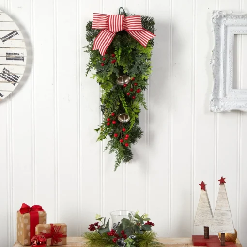 Unlit Teardrops*Nearly Natural 26" Bells And Bow Artificial Christmas Teardrop Swag, Unlit