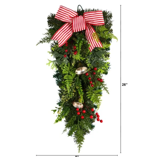 Unlit Teardrops*Nearly Natural 26" Bells And Bow Artificial Christmas Teardrop Swag, Unlit