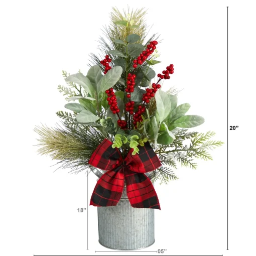 Floral*Nearly Natural 20" Berries And Pine Artificial Christmas Arrangement With Tin Vase