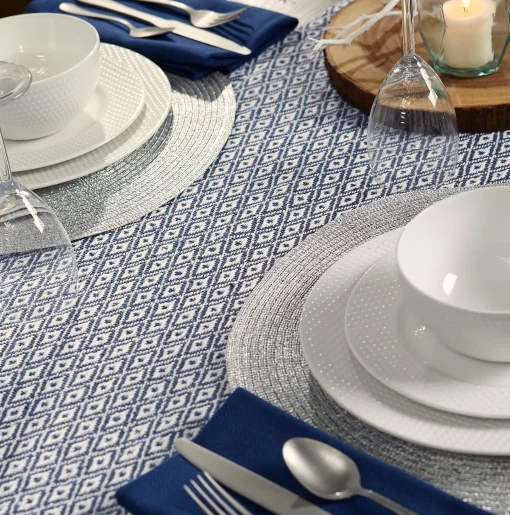 Contemporary Home Living 72" Blue And White Rectangular Diamond Weaved Table Runner