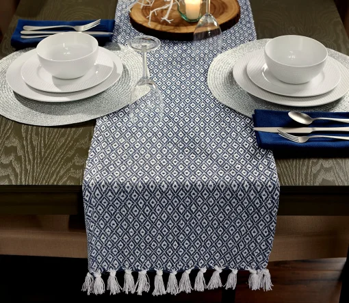 Contemporary Home Living 72" Blue And White Rectangular Diamond Weaved Table Runner