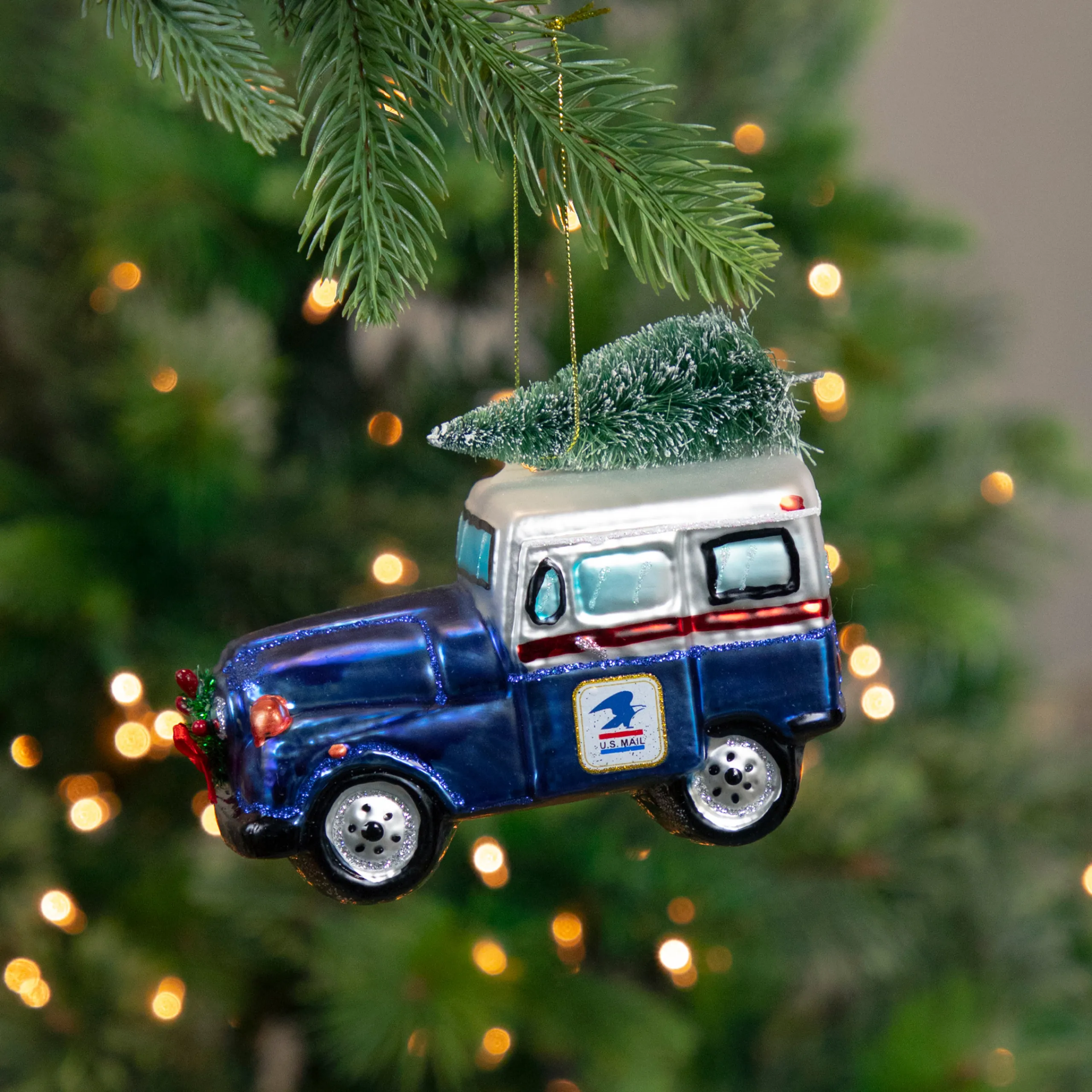 Northlight Transportation>5" Blue And White "U.S. Mail" Service Truck With Tree Glass Christmas Ornament