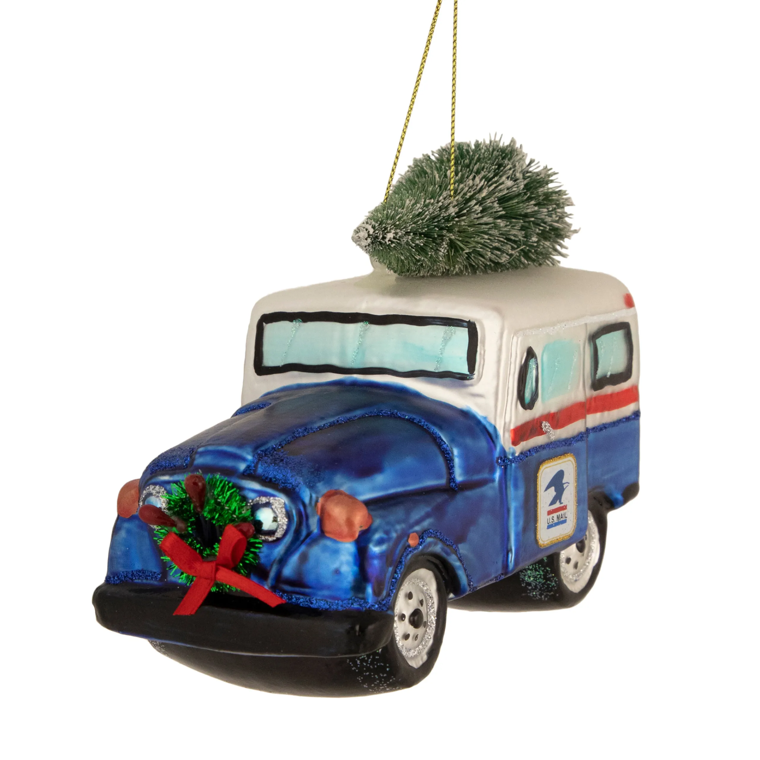 Northlight Transportation>5" Blue And White "U.S. Mail" Service Truck With Tree Glass Christmas Ornament