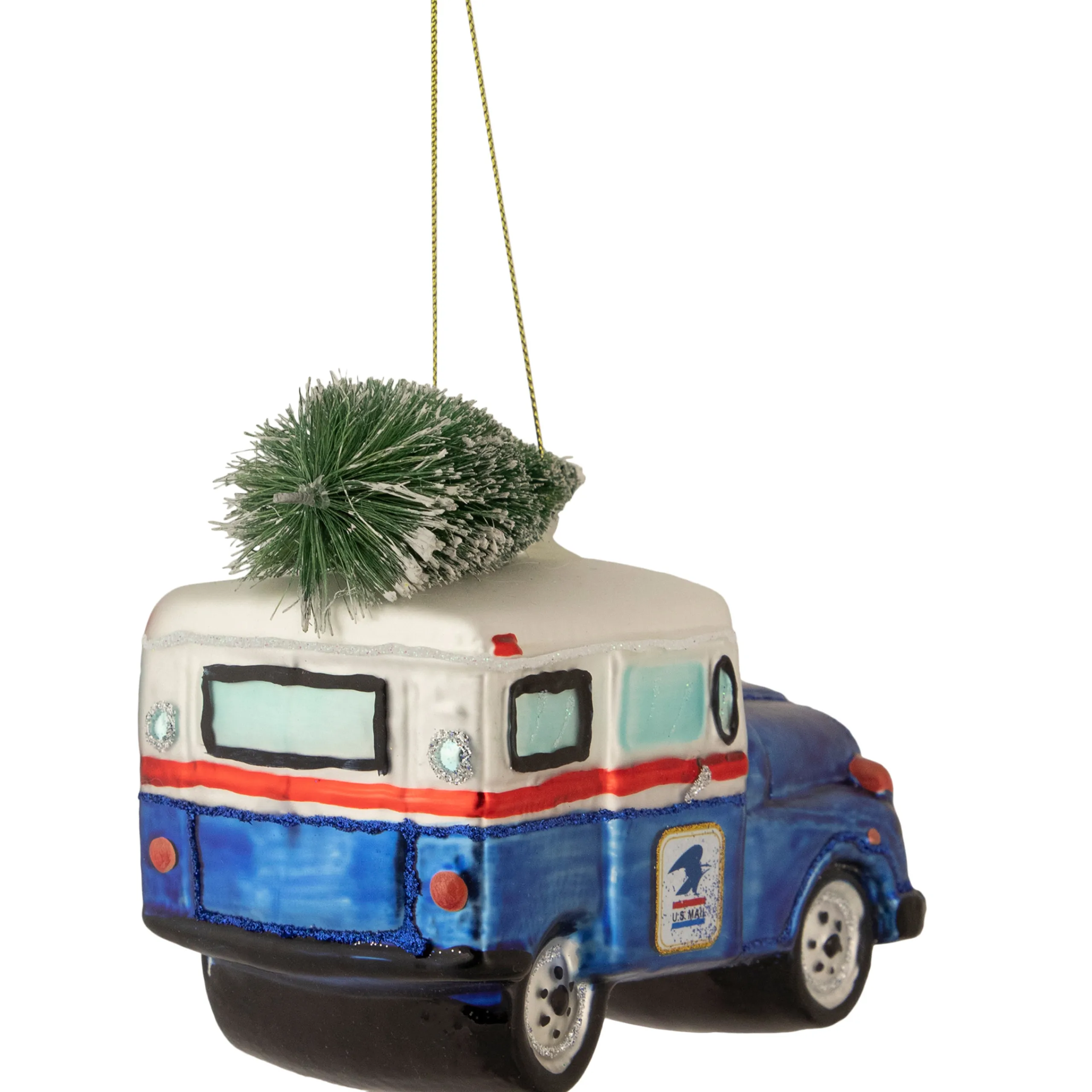 Northlight Transportation>5" Blue And White "U.S. Mail" Service Truck With Tree Glass Christmas Ornament