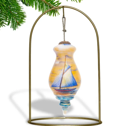CC Christmas Decor Beach & Tropical>5" Blue And Yellow Sailing Boat Hand Painted Spire Shaped Mouth Blown Glass Hanging Christmas Ornament