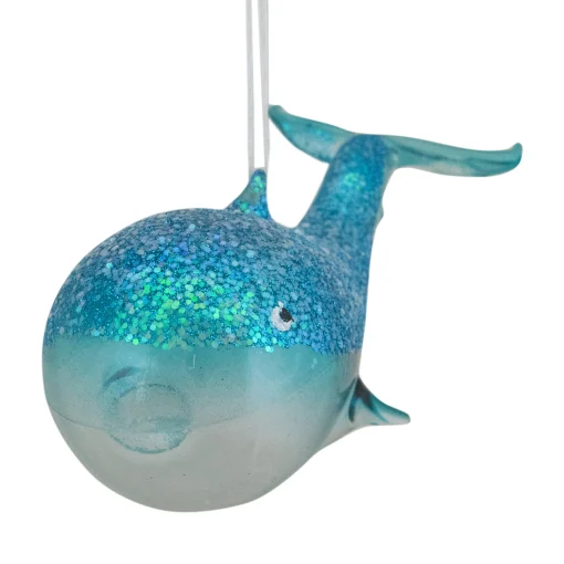 Northlight Animals>6" Blue Glass Glittered Whale Christmas Ornament