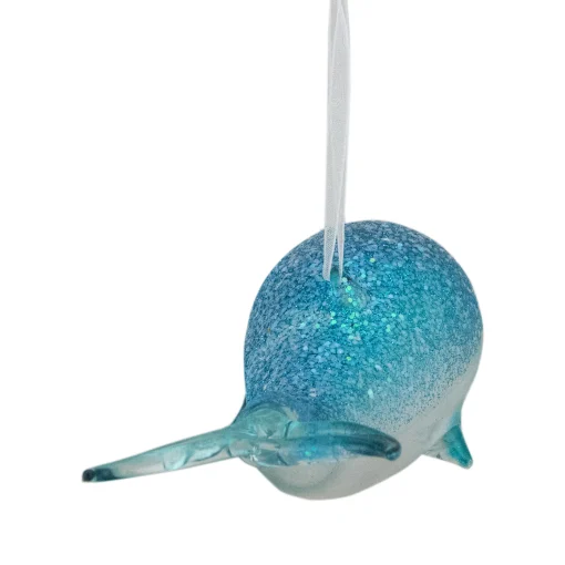 Northlight Animals>6" Blue Glass Glittered Whale Christmas Ornament