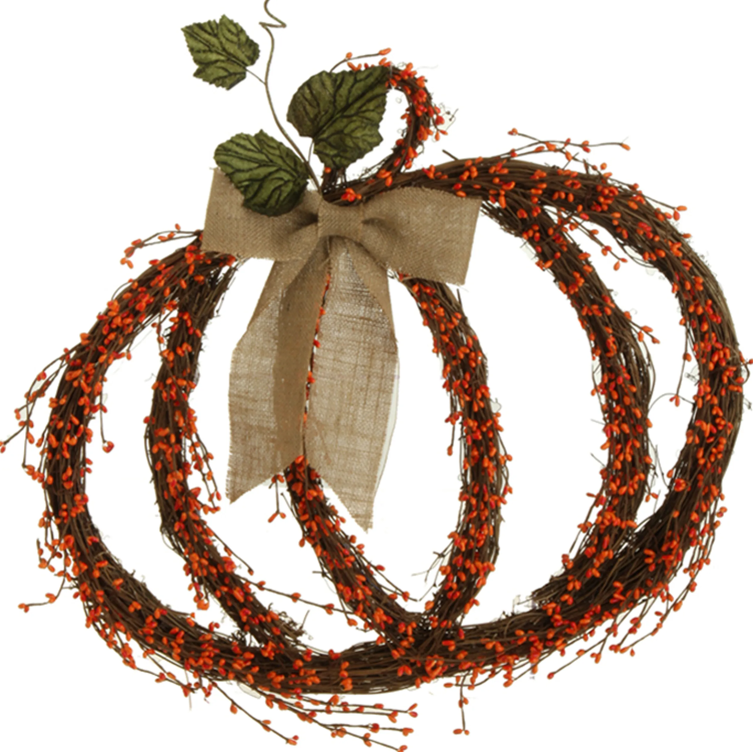 Raz 25" Brown And Orange Twig Pumpkin With Burlap Bow Autumn Wall Decoration