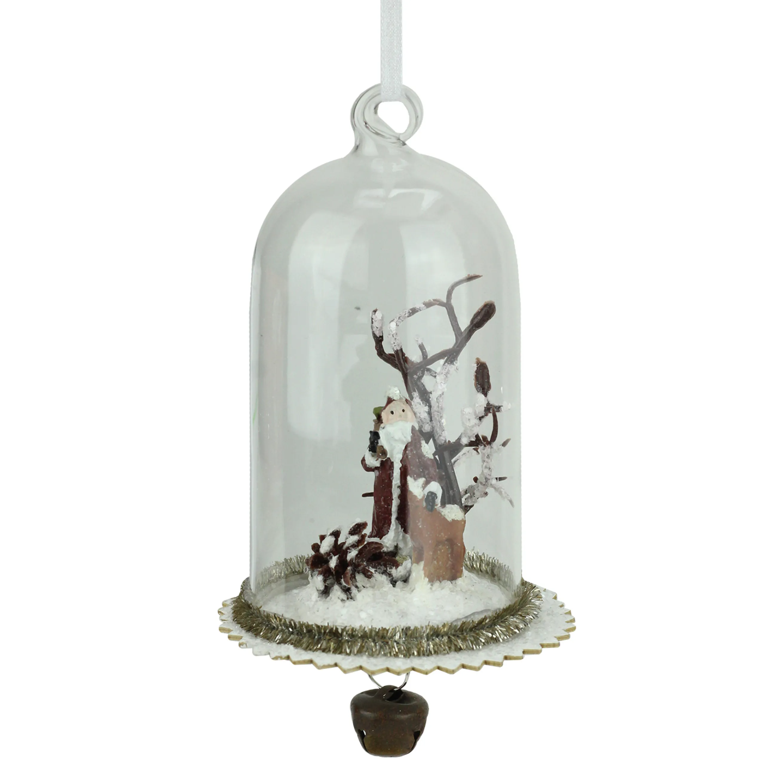 Roman Santa Claus>5.5" Brown Santa, Reindeer And Tree In Glass Dome Christmas Ornament With Jingle Bell Dangle
