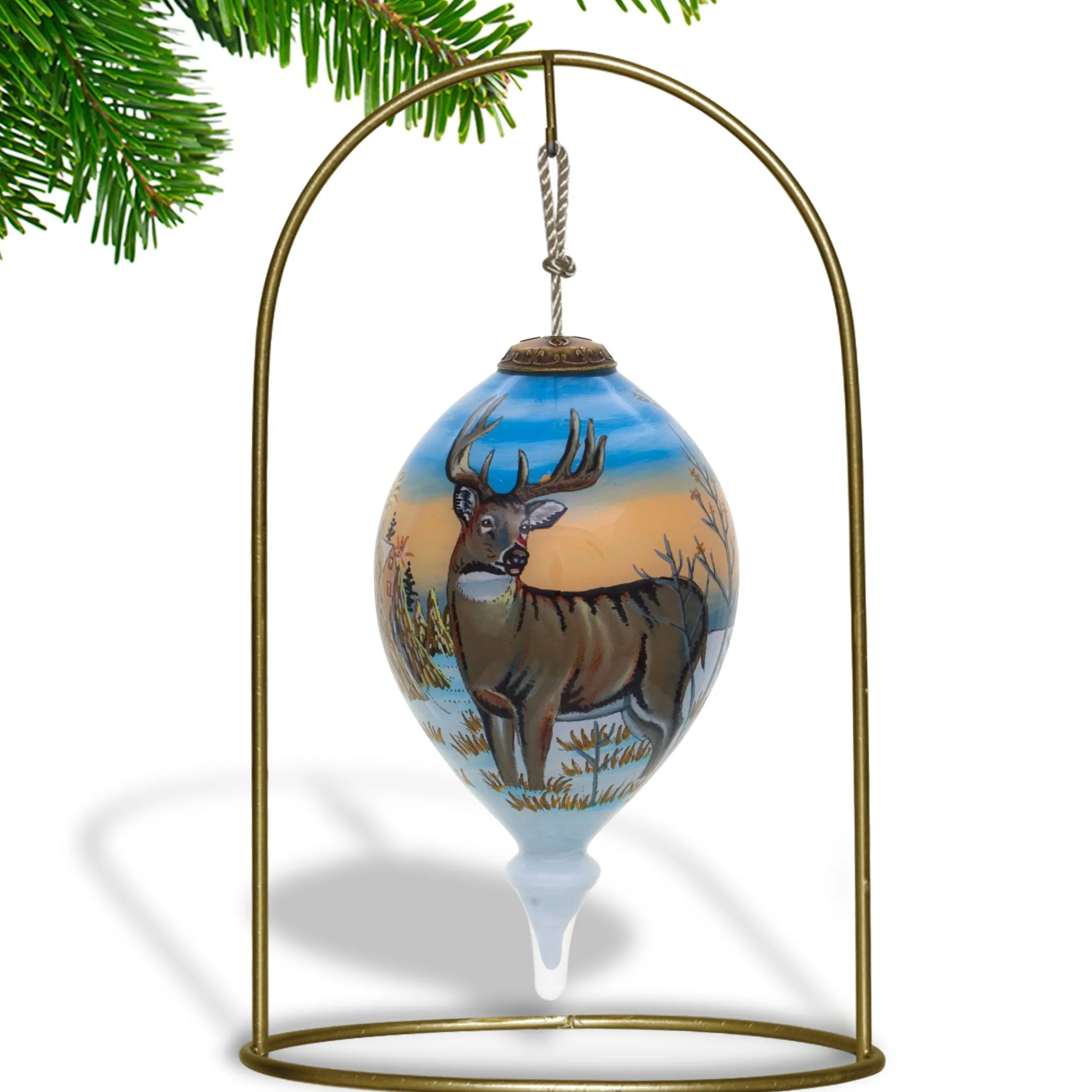 CC Christmas Decor Finials>4.75" Brown Whitetail Deer Hand Painted Mouth Blown Glass Hanging Christmas Ornament