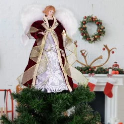 Angel Tree Toppers*Northlight 14" Burgundy And White Angel With Lighted Candle Christmas Tree Topper