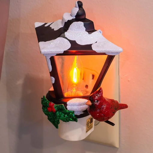Roman 6" Cardinal On A Snow Covered Street Lamp Flickering Christmas Night Light