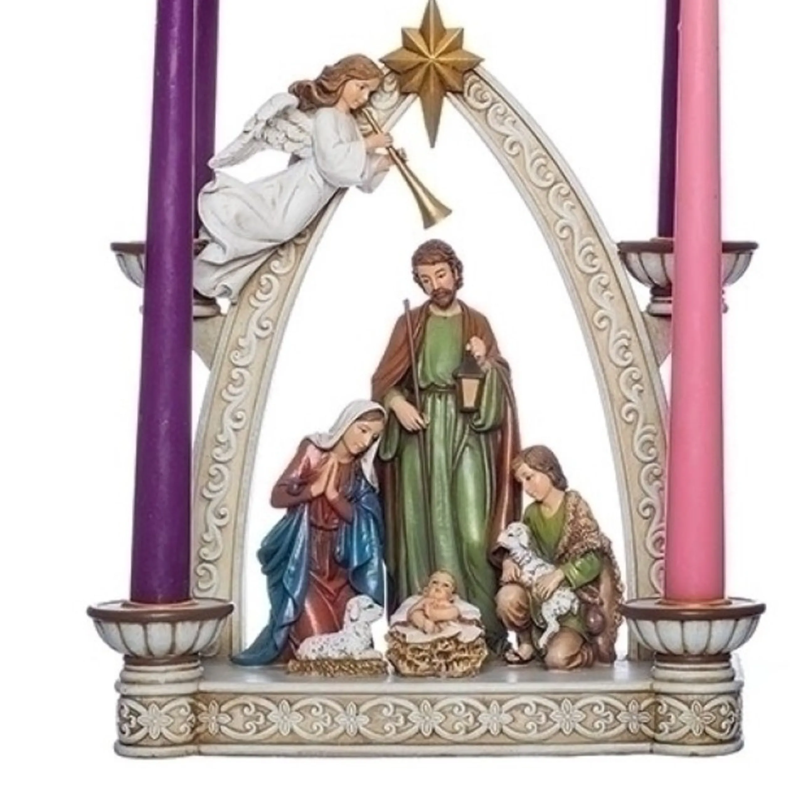 Candles & Holders*Roman 10.25" Christmas Advent Arch With Holy Family With Candle Holders