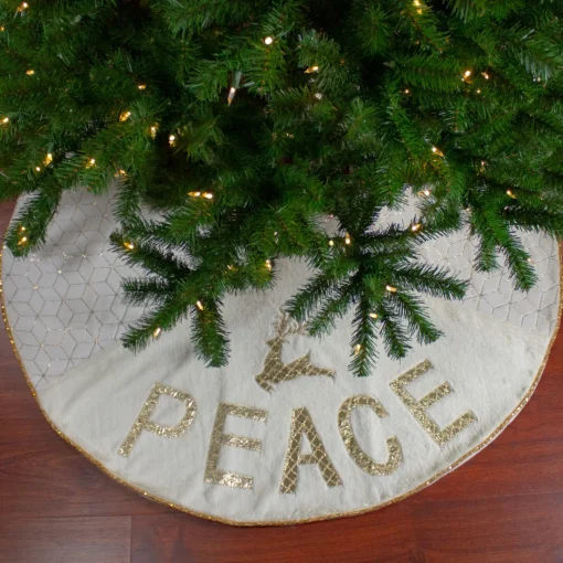 48 Inch And Smaller*Northlight 48" Cream And Gold Peace And Reindeer Christmas Tree Skirt