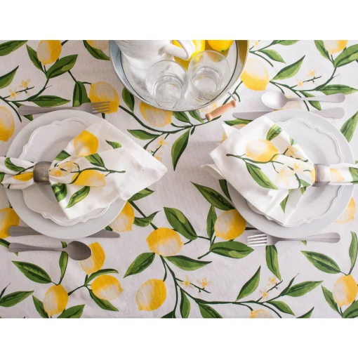 Contemporary Home Living 70" Daffodil Yellow And Green Lemon Bliss Printed Round Tablecloth
