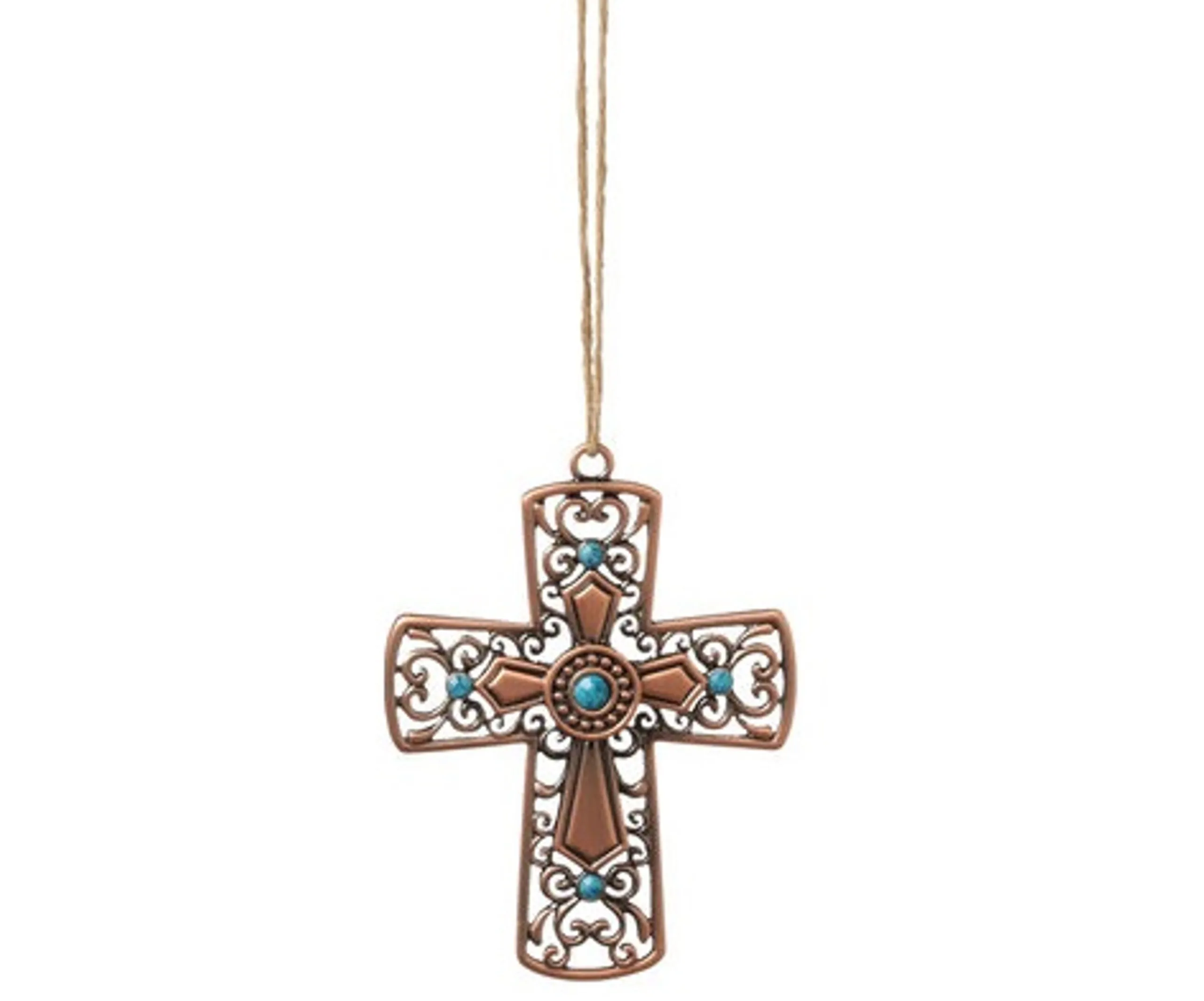 Midwest Nativity & Religious>4" Decorative Bronze Tone Cross Christmas Ornament With Blue Faceted Stones