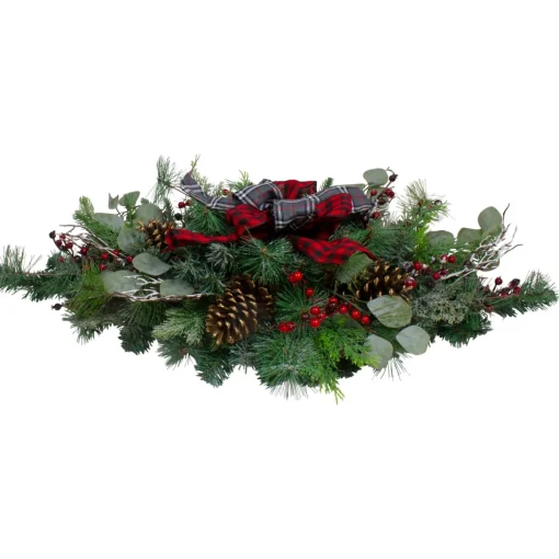 Unlit Swags*Northlight 36" Dual Plaid Bows And Red Berries Artificial Christmas Swag - Unlit