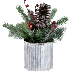Floral*Northlight 12" Frosted Pine, Berries And Pine Cones Floral Arrangement In Tin Pot