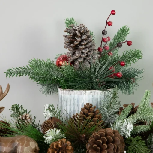 Floral*Northlight 12" Frosted Pine, Berries And Pine Cones Floral Arrangement In Tin Pot