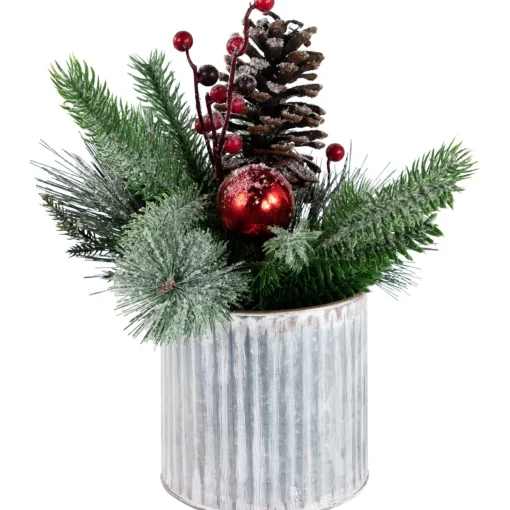 Floral*Northlight 12" Frosted Pine, Berries And Pine Cones Floral Arrangement In Tin Pot