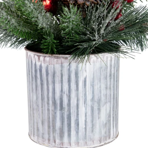 Floral*Northlight 12" Frosted Pine, Berries And Pine Cones Floral Arrangement In Tin Pot