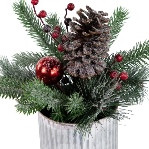 Floral*Northlight 12" Frosted Pine, Berries And Pine Cones Floral Arrangement In Tin Pot