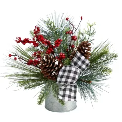 Floral*Nearly Natural 12" Frosted Pinecones And Berries Artificial Christmas Arrangement