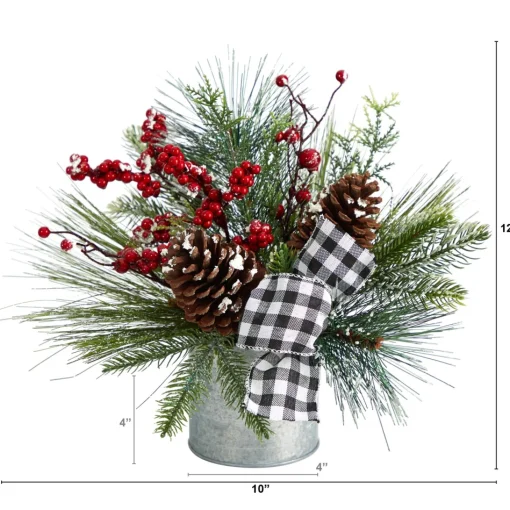 Floral*Nearly Natural 12" Frosted Pinecones And Berries Artificial Christmas Arrangement