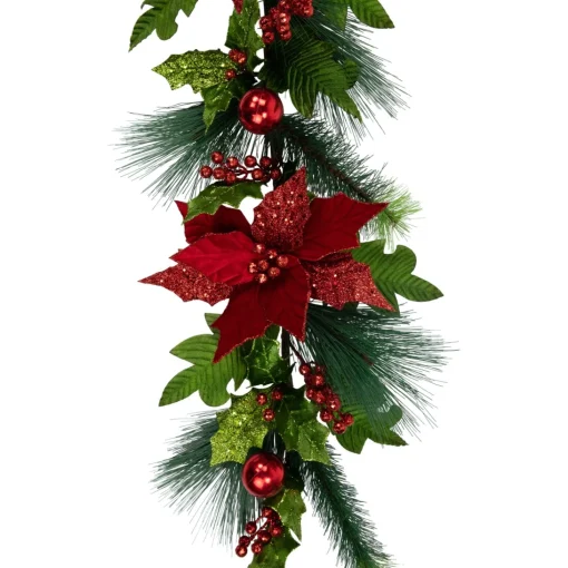 Unlit Swags*Northlight 48" Glittered Red Poinsettia And Long Pine Christmas Swag, Unlit