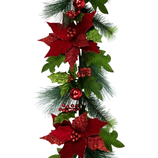 Unlit Swags*Northlight 48" Glittered Red Poinsettia And Long Pine Christmas Swag, Unlit