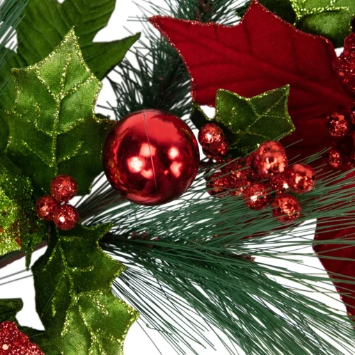 Unlit Swags*Northlight 48" Glittered Red Poinsettia And Long Pine Christmas Swag, Unlit