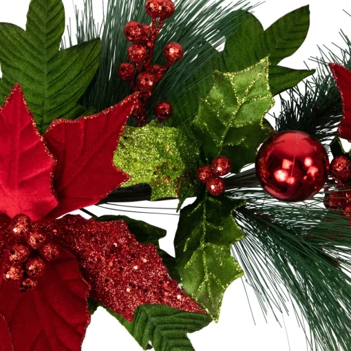 Unlit Swags*Northlight 48" Glittered Red Poinsettia And Long Pine Christmas Swag, Unlit
