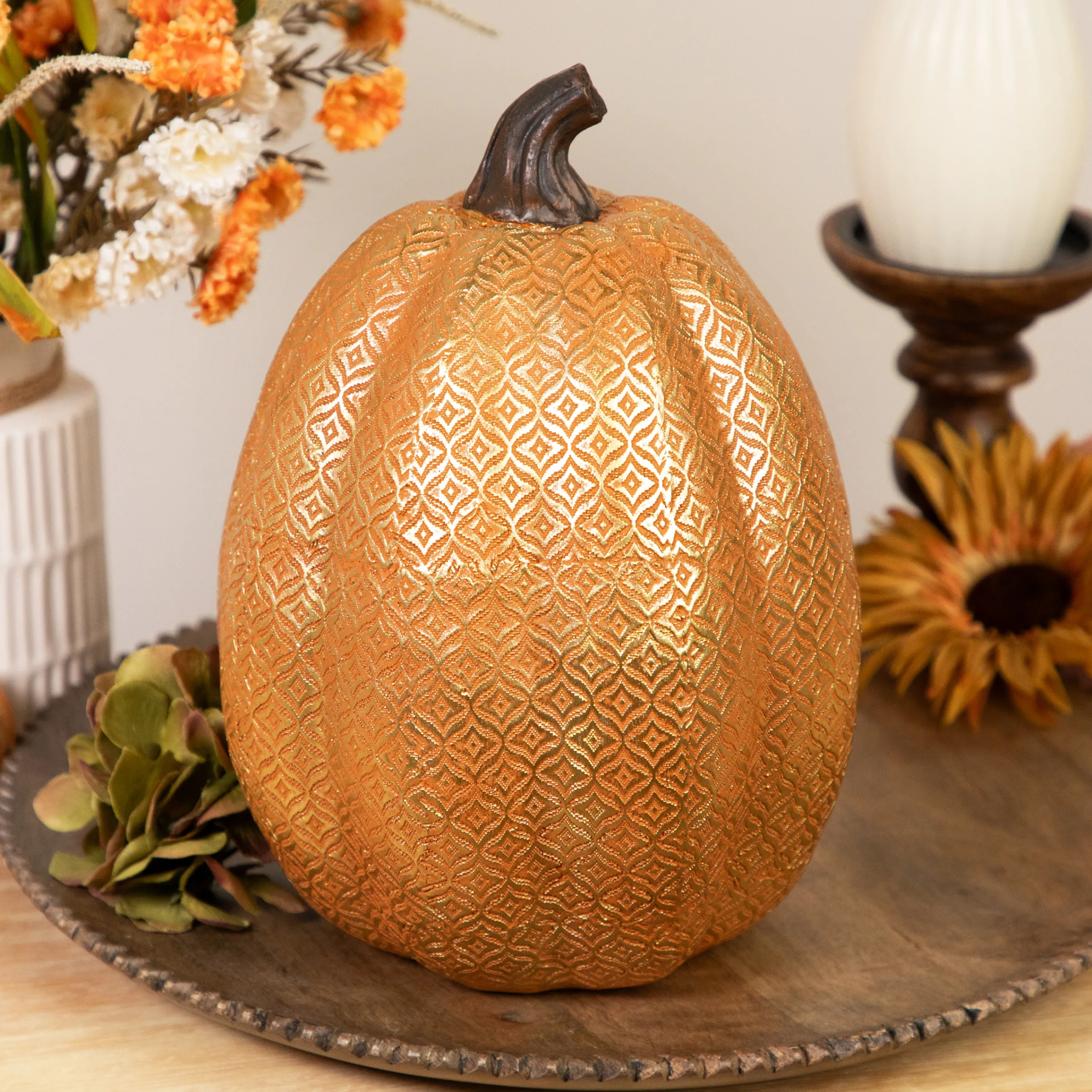 Northlight 9.75" Gold And Orange Greek Key Textured Autumn Pumpkin Tabletop Decoration
