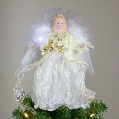 Angel Tree Toppers*Kurt Adler 12" Gold And White Led Lighted Fiber Optic Angel Christmas Tree Topper