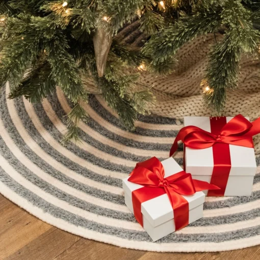 48 Inch And Smaller*Colonial Mills 44" Gray And Beige Shag Striped Round Christmas Tree Skirt