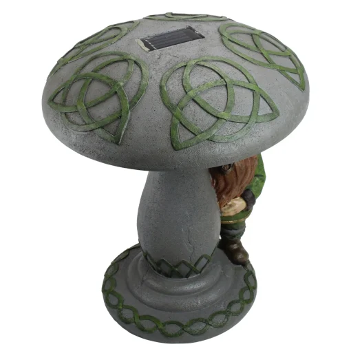 Roman 12.25" Gray And Green Led Solar Leprechaun Standing Under Mushroom Statue