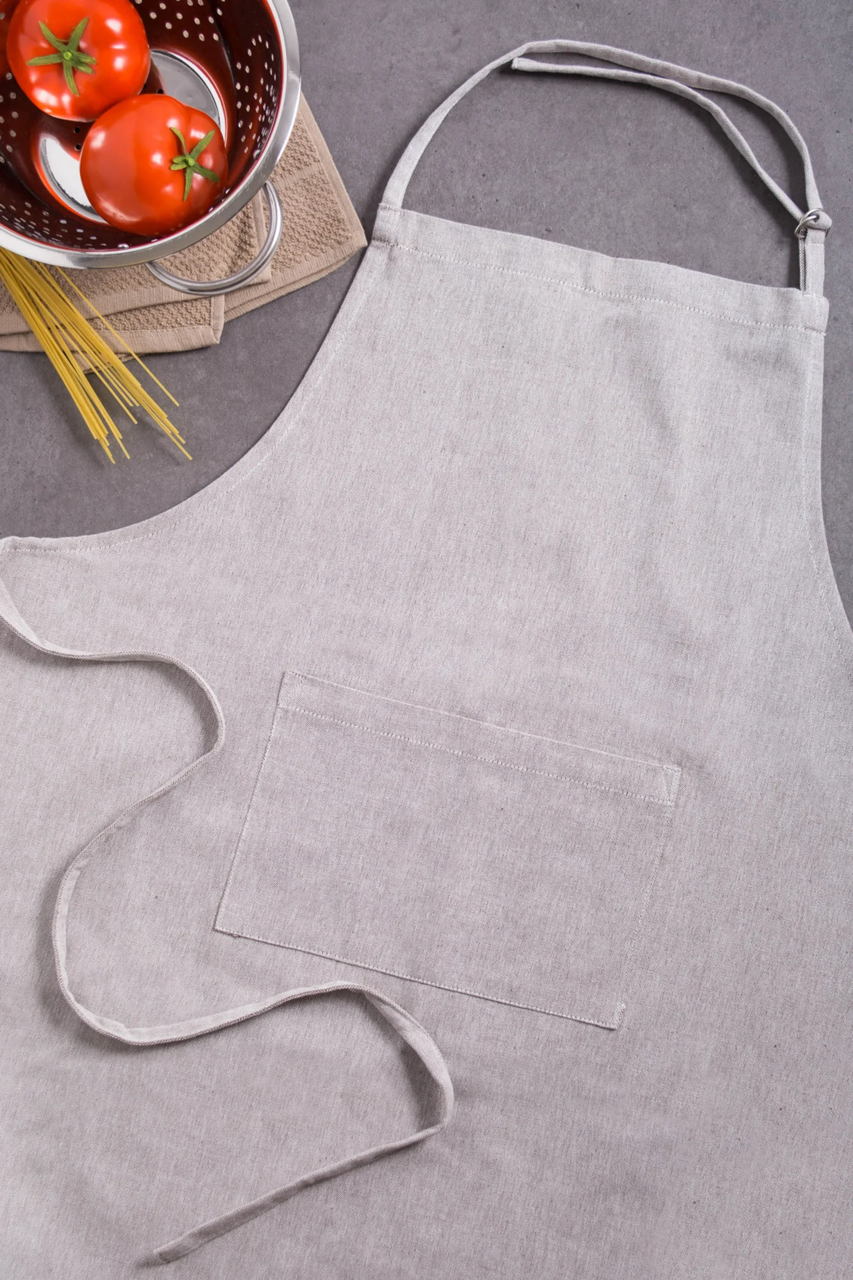 CC Home Furnishings 32" Gray Chambray Chef Kitchen Apron With Pocket And Extra Long Ties