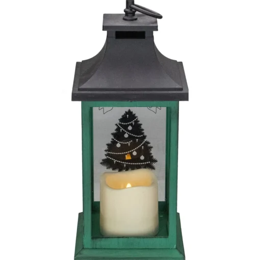 Candles & Holders*Northlight 12" Green And Black Led Candle With Christmas Tree Tabletop Lantern