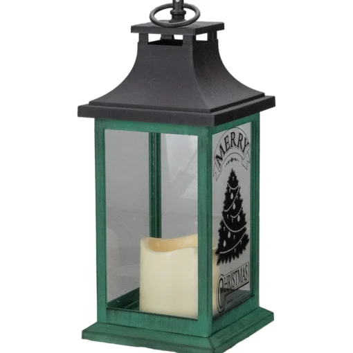 Candles & Holders*Northlight 12" Green And Black Led Candle With Christmas Tree Tabletop Lantern